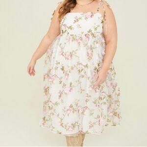 Arula White, Green & Pink Floral Appliqué Tulle/Mesh Sleeveless Babydoll Dress.